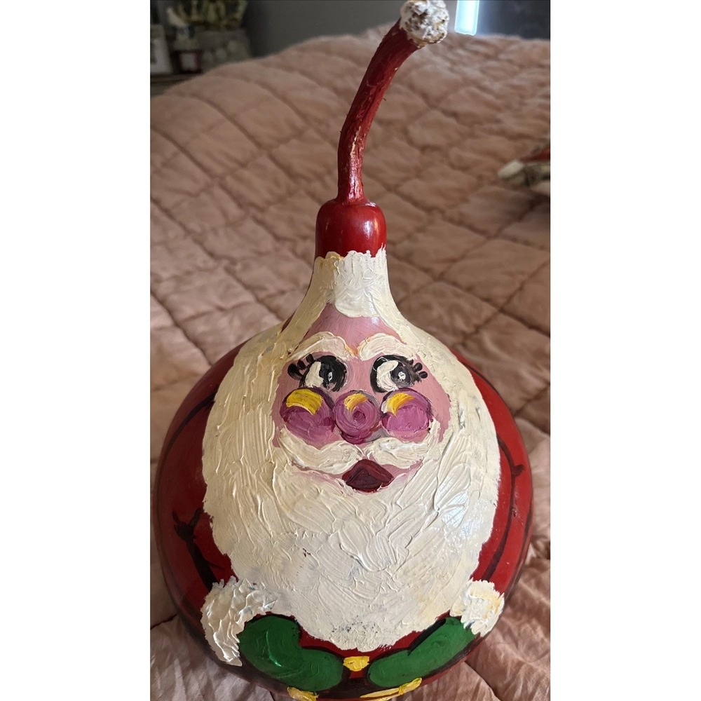 Vtg Large Hand Painted Christmas Gourd Like Folk Art Santa Claus Signed 1992